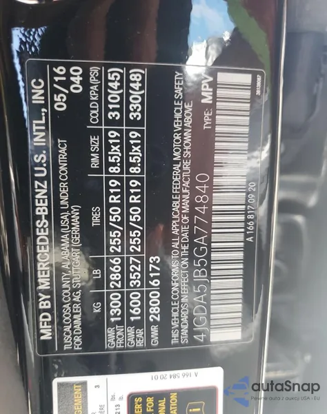 2016 Mercedes-Benz Gle 350 from USA, damaged, VIN 4JGDA5JB5GA774840